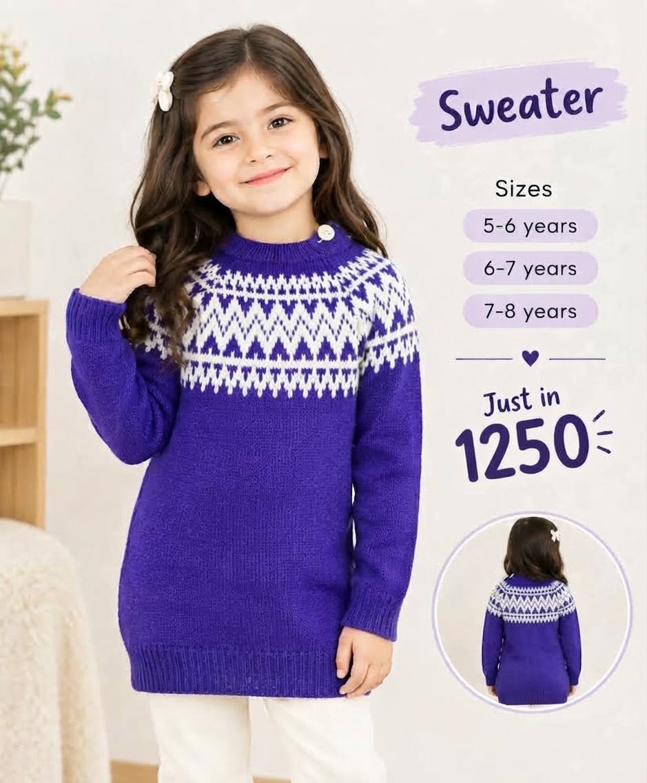 Blue and White Fair Isle Knit Sweater for Girls