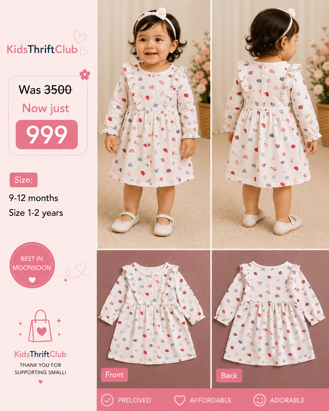 Girls White Printed Ruffle Dress | Baby Girl Full-Sleeve Monsoon Dress