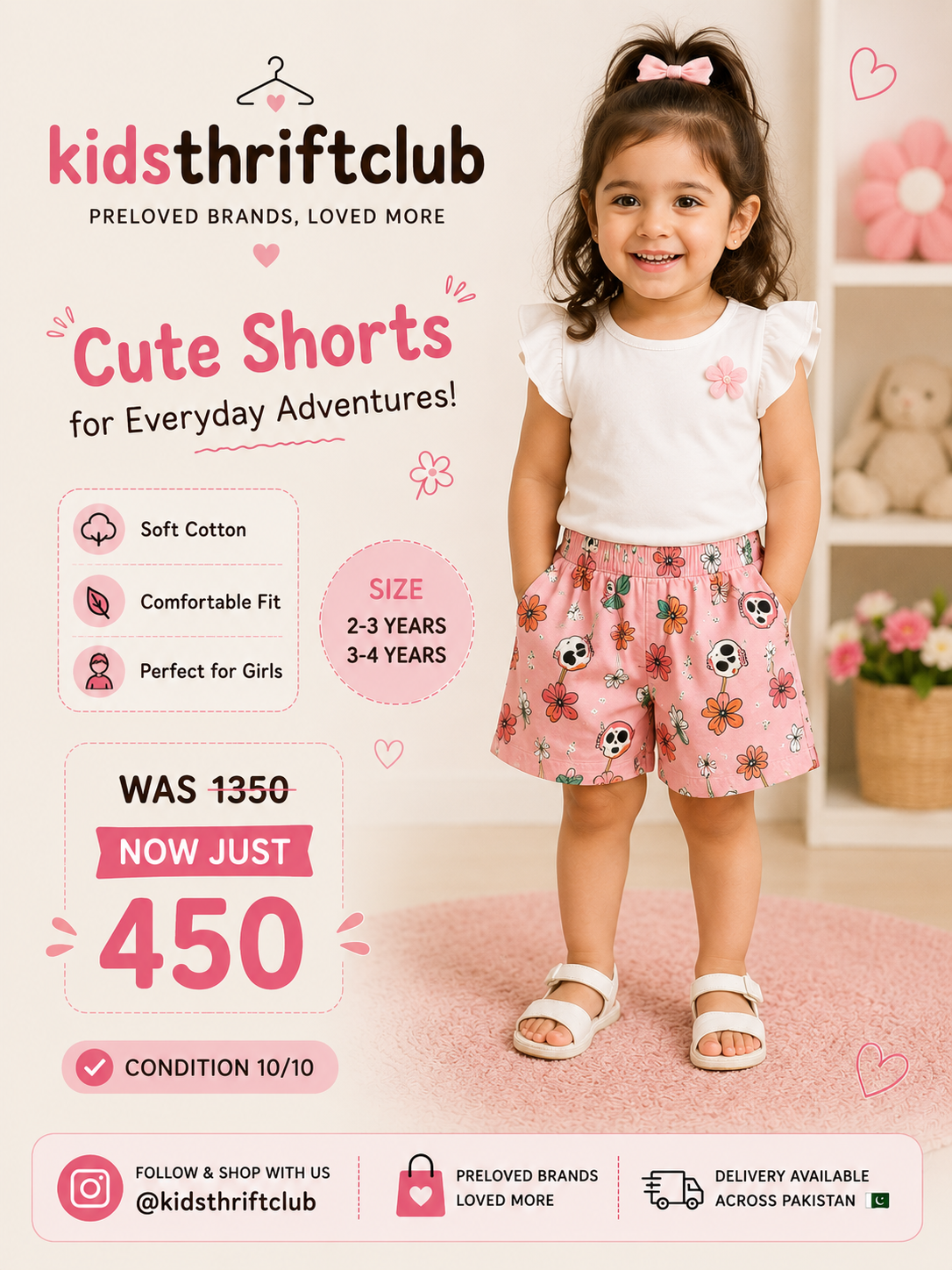 Girls Pink Floral Printed Cotton Shorts – Comfortable Everyday Wear