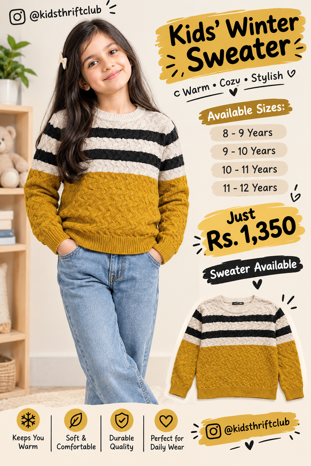 Mustard, Black & Cream Colorblock Cable-Knit Kids' Winter Sweater