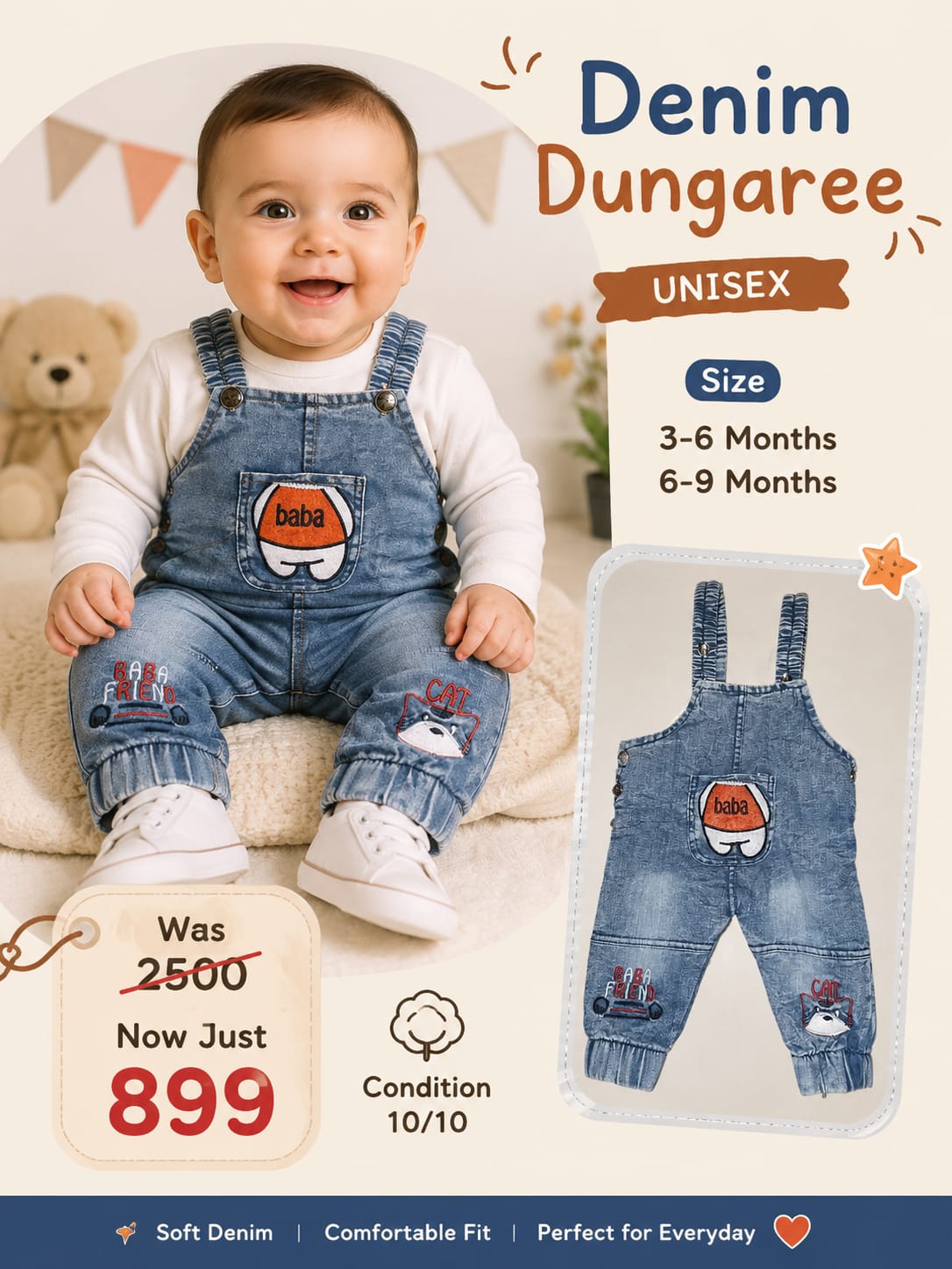 Unisex Baby Denim Dungaree | Soft Cotton Jumpsuit | 3–9 Months