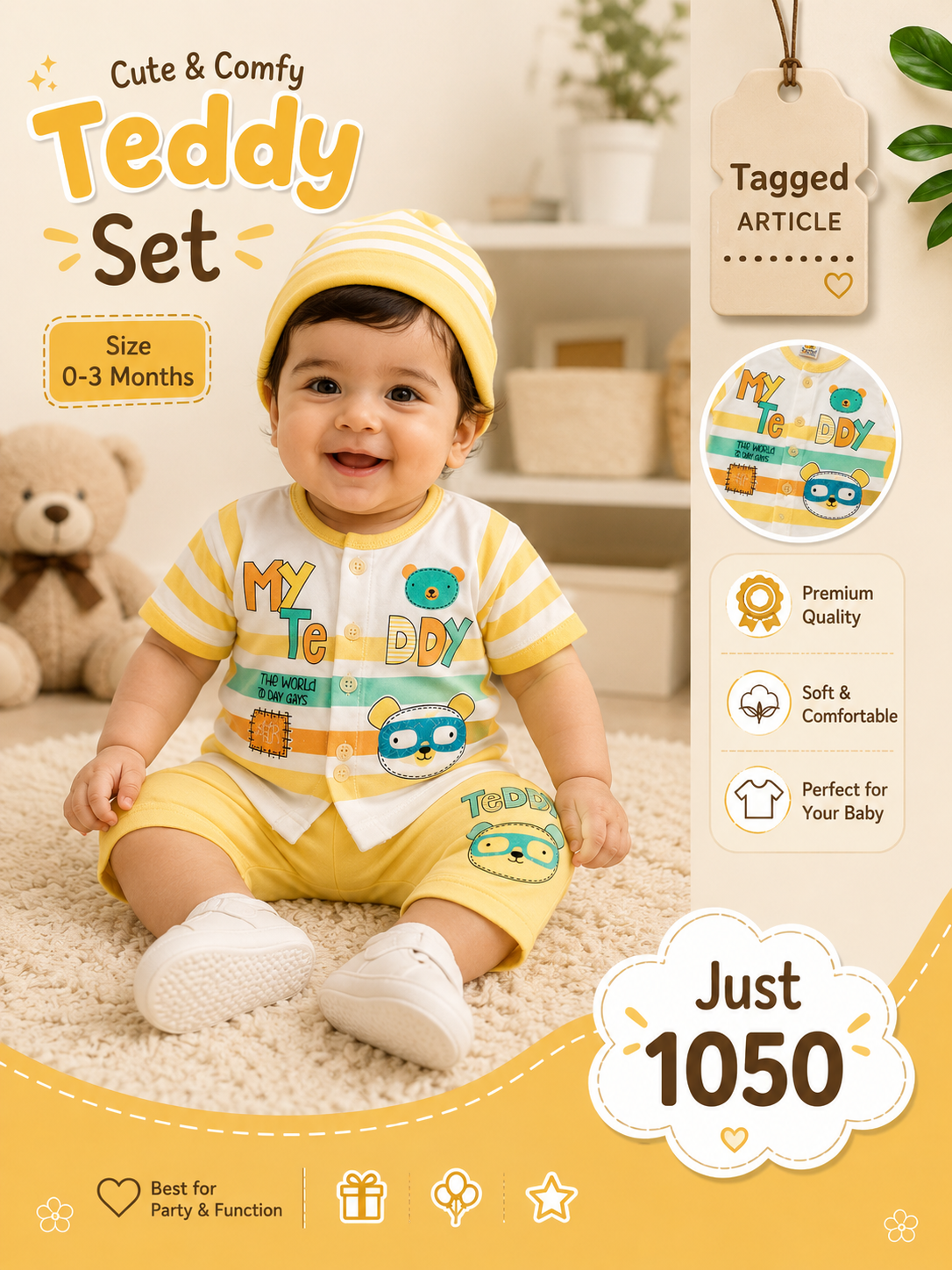 Unisex Yellow Teddy Printed 2-Piece Clothing Set with Cap