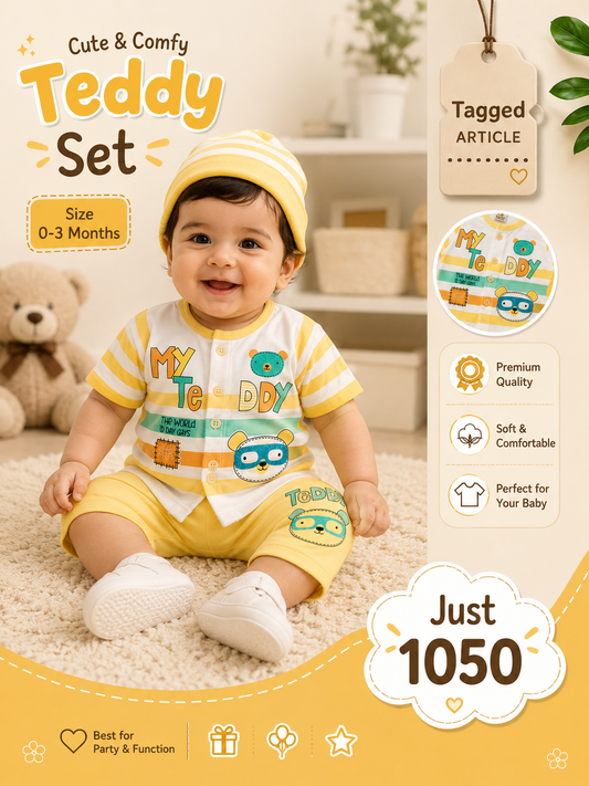Unisex Yellow Teddy Printed 2-Piece Clothing Set with Cap