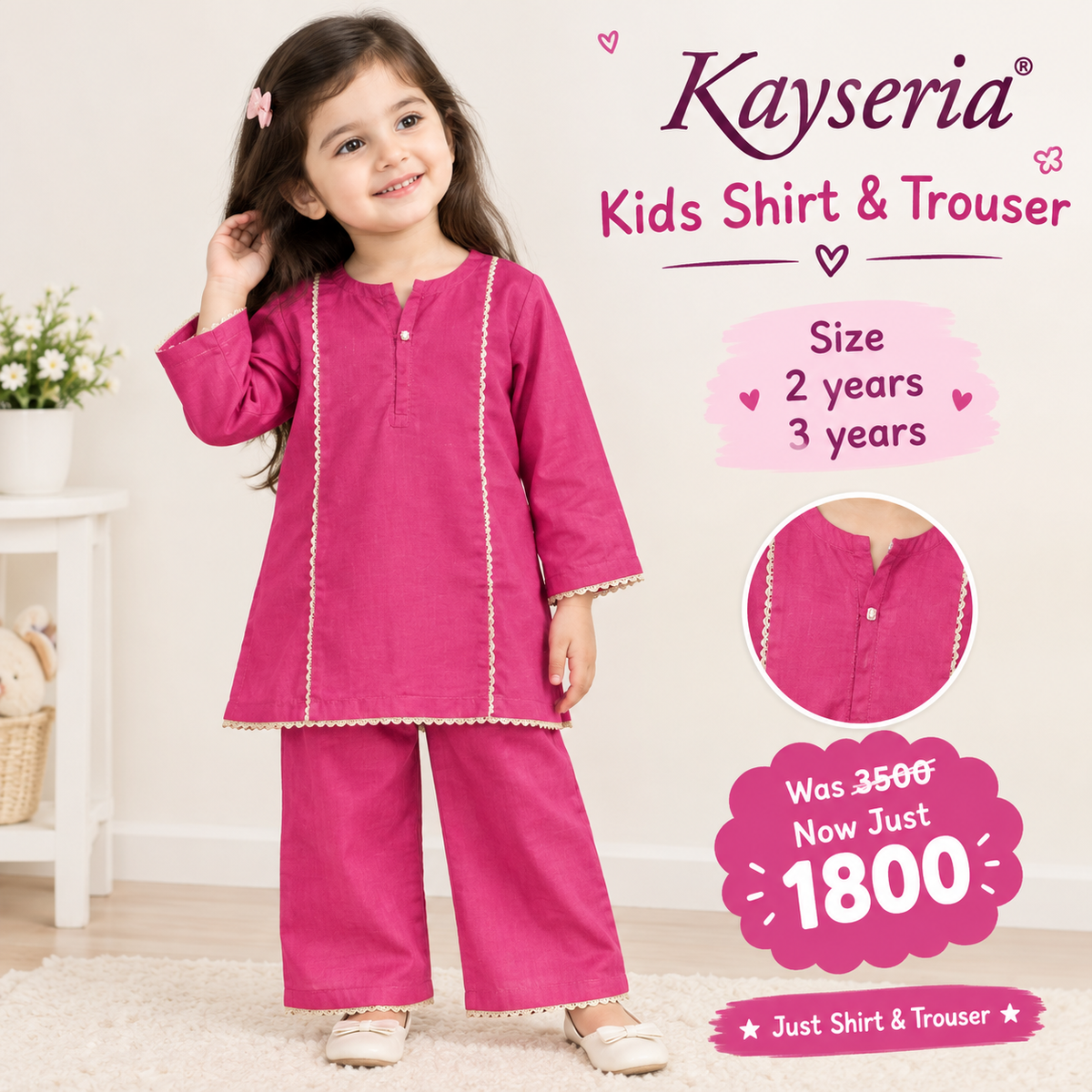 Kayseria Pink Kids Shirt and Trouser Set for Girls