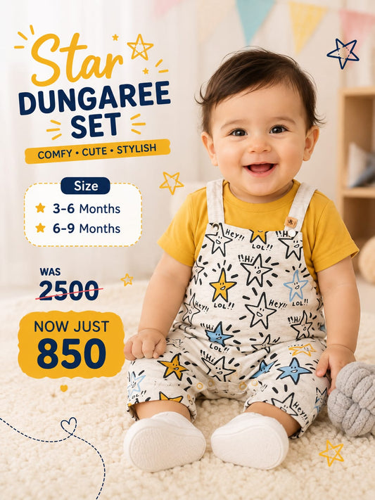 Star Print Dungaree Set with Mustard Yellow T-Shirt for Babies