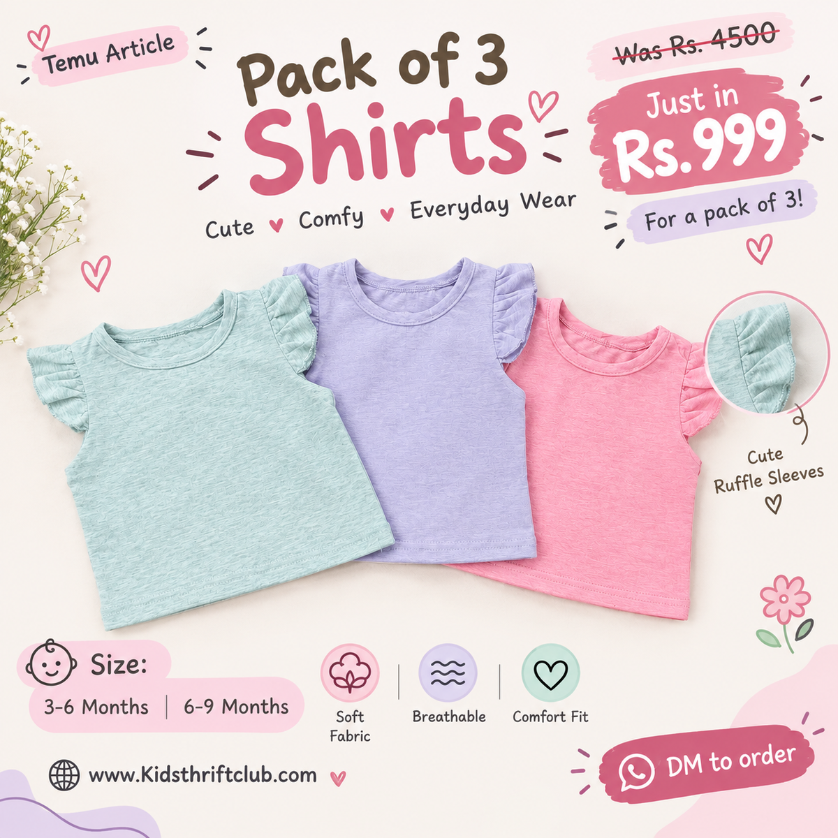 Pack of 3 Baby Girls Ruffle Sleeve Shirts | Cute & Comfy Everyday Casual Tops