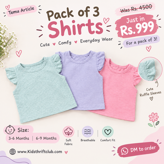 Pack of 3 Baby Girls Ruffle Sleeve Shirts | Cute & Comfy Everyday Casual Tops
