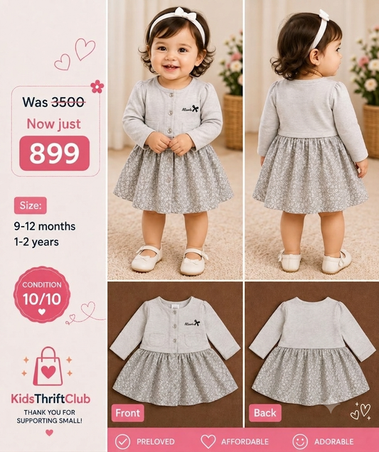 Grey Cardigan Style Floral 2-Piece Effect Baby Dress – Long Sleeve Frock