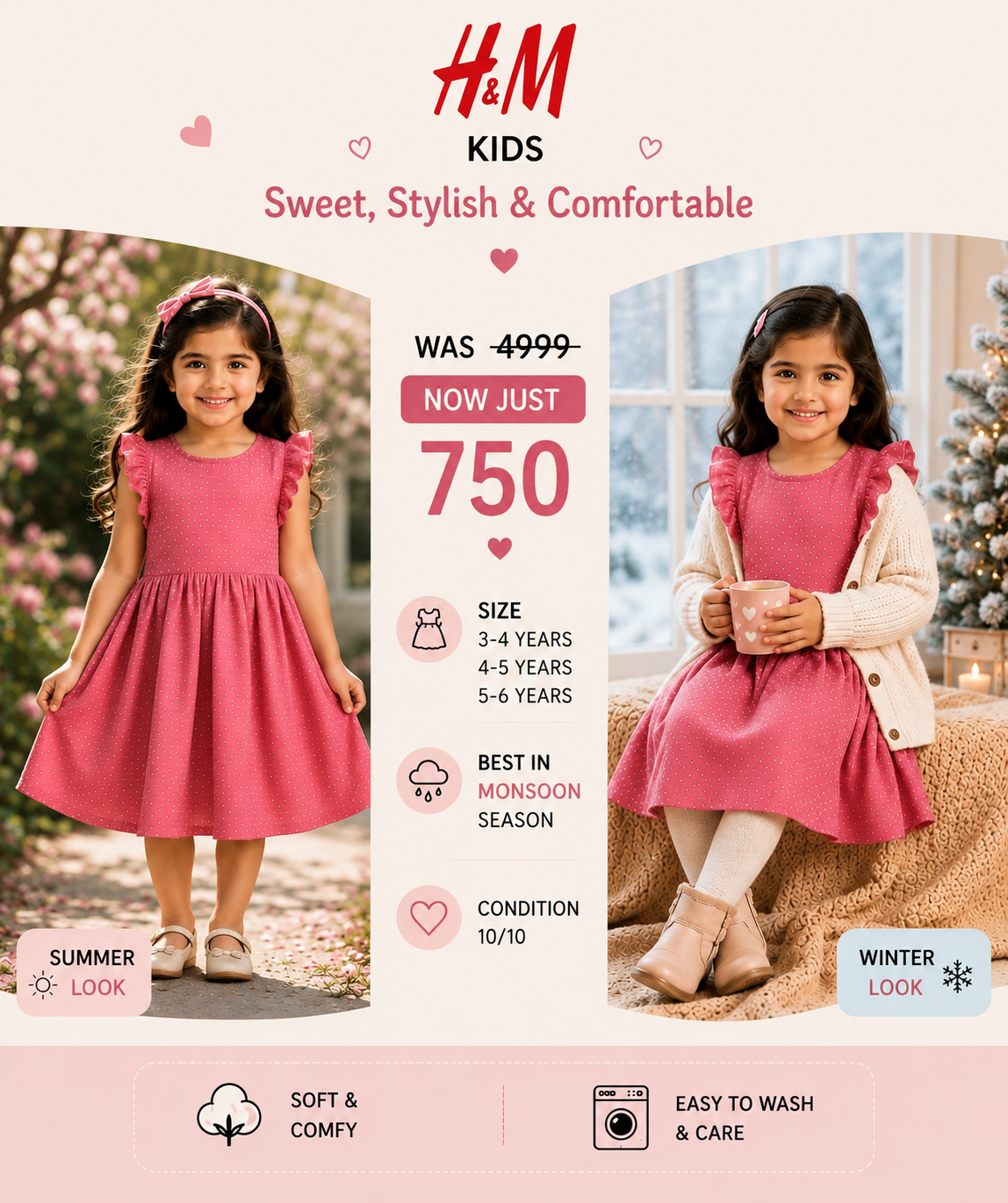 H&M Girls Pink Polka Dot Ruffle Dress – Short Sleeve