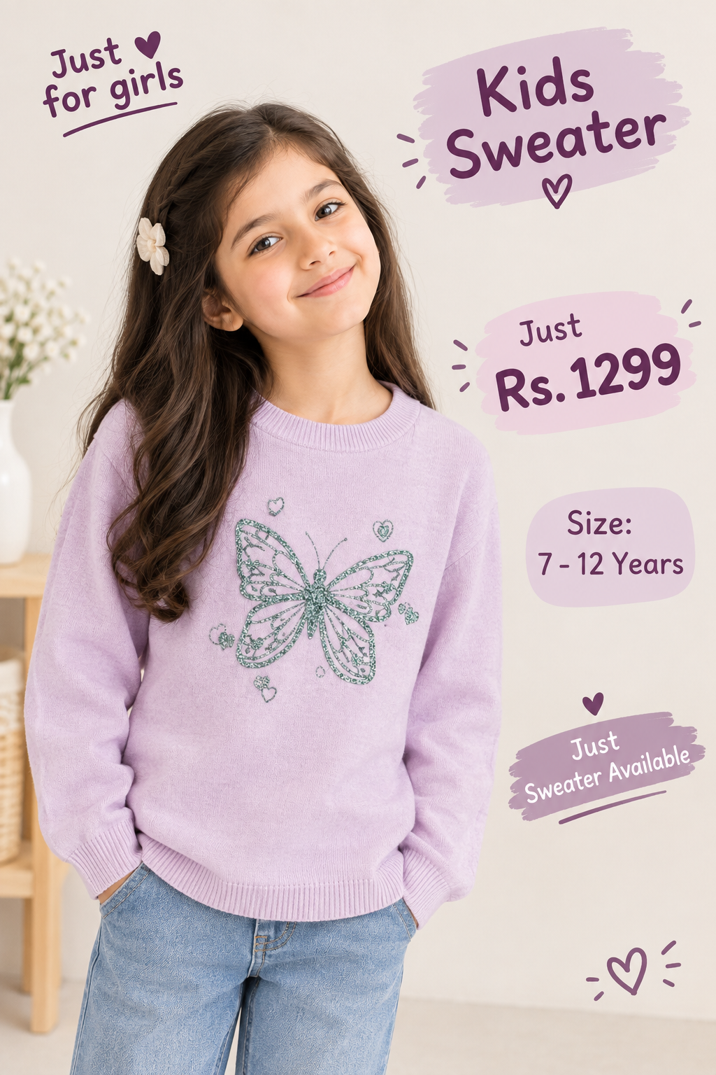 Lavender Glitter Butterfly Print Kids Sweater for Girls