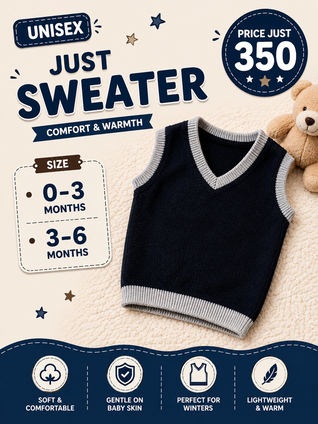 Unisex Navy Blue V-Neck Knitted Baby Sweater Vest – Grey Trim