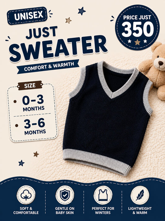 Unisex Navy Blue V-Neck Knitted Baby Sweater Vest – Grey Trim