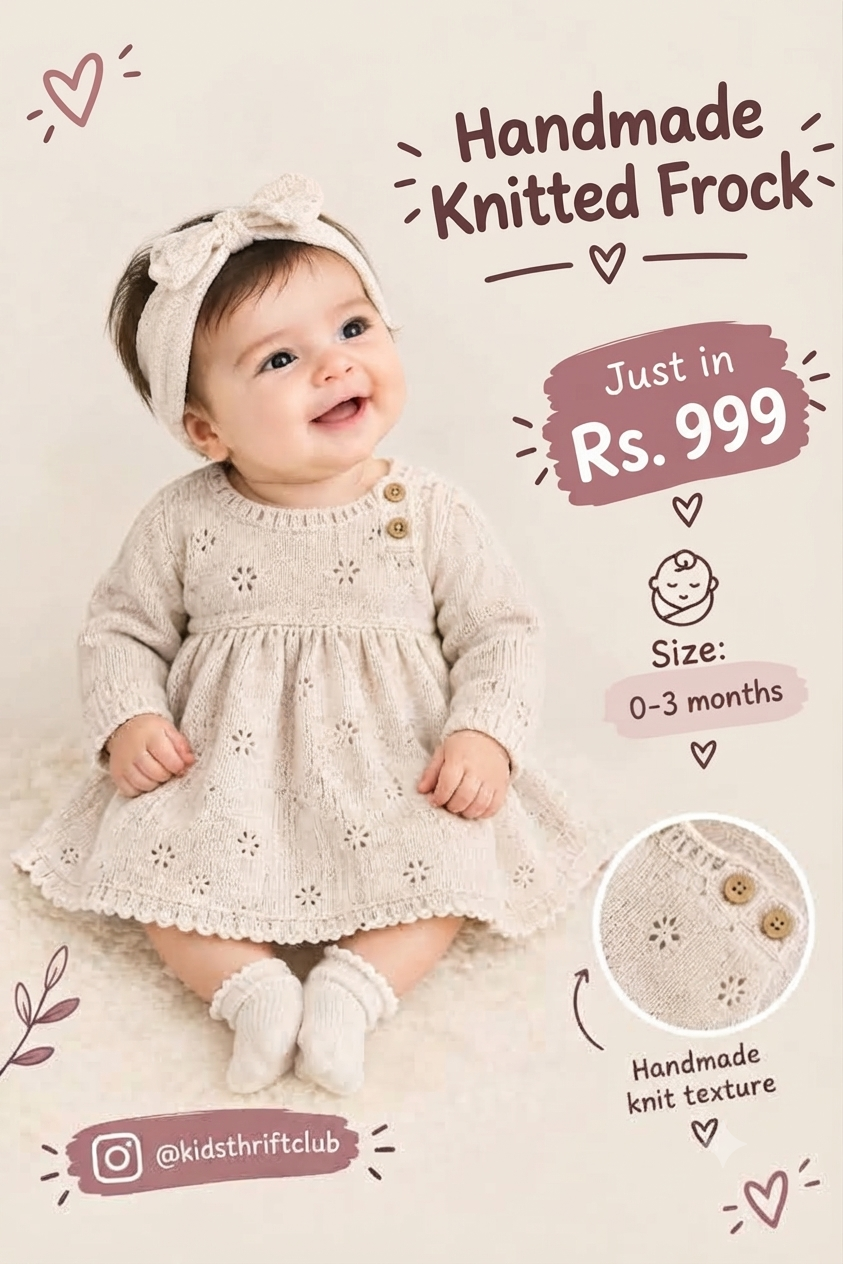 Handmade Knitted Frock - Beige Winter Dress for Baby Infants