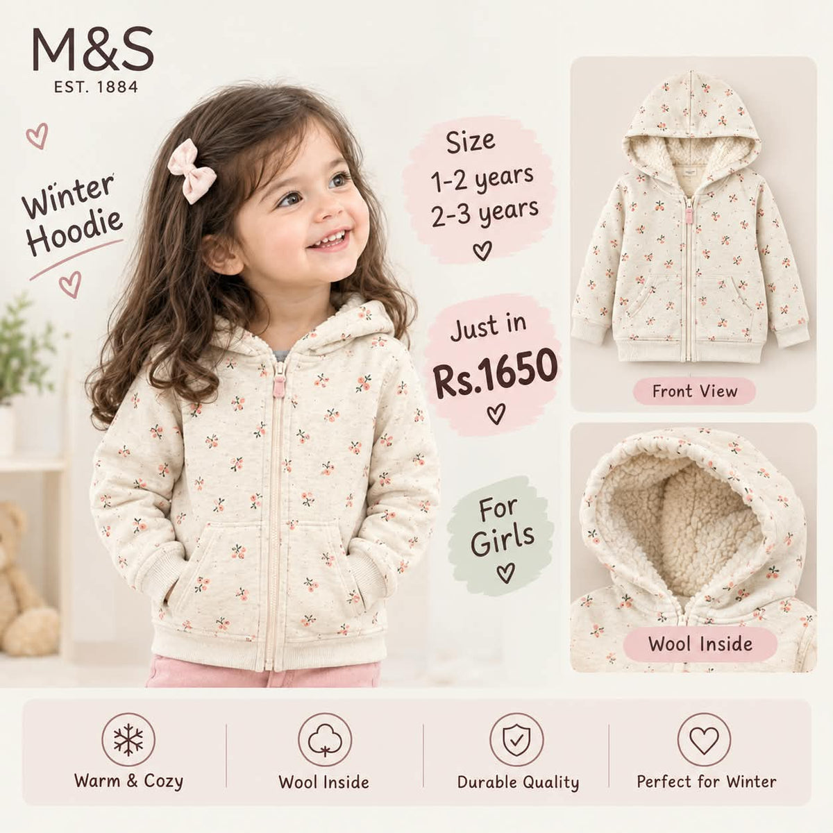 M&S Floral Winter Hoodie for Girls | Cozy Sherpa-Lined Zip-Up Jacket