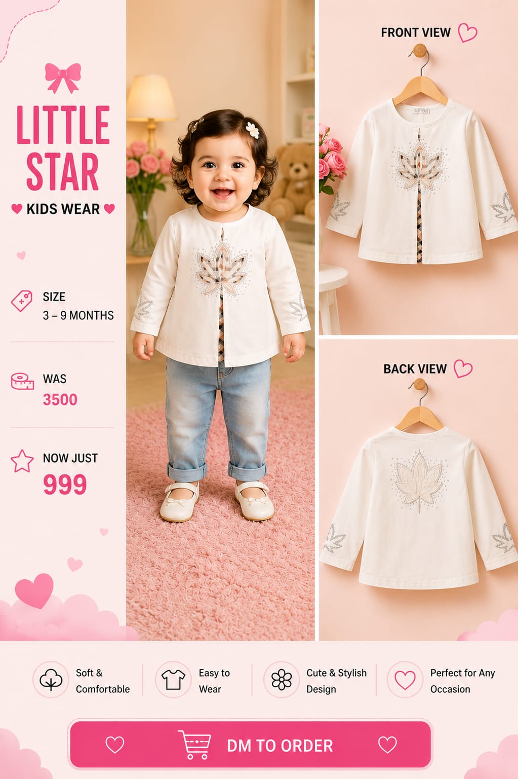 Girls White Leaf Print Full-Sleeve Shirt | Baby Girl Casual Top 3–9 Months