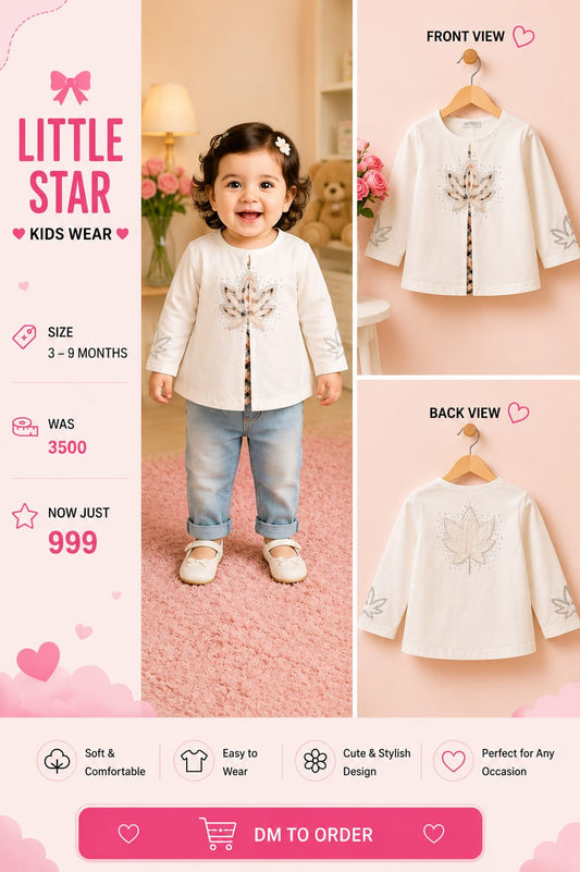 Girls White Leaf Print Full-Sleeve Shirt | Baby Girl Casual Top 3–9 Months