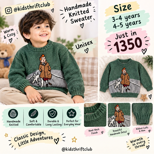 Handmade Knitted Green Tintin Design Sweater for Kids | Unisex Winter Pullover