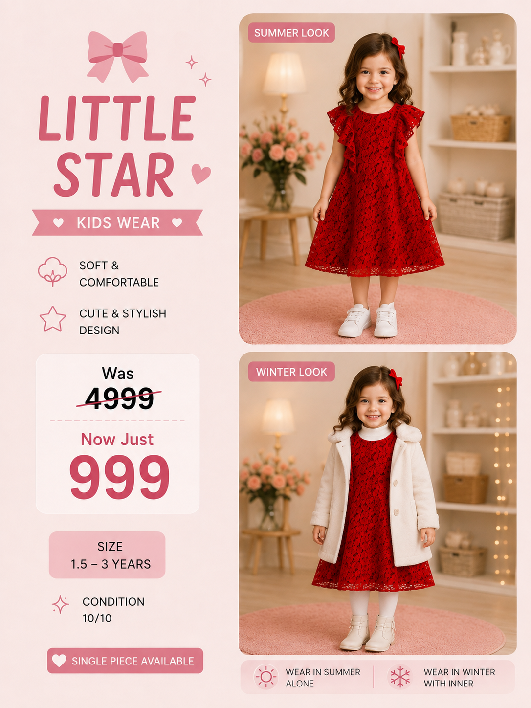 H&M Baby Girls Red Lace Flutter-Sleeve Frock – Elegant Festive Net Dress