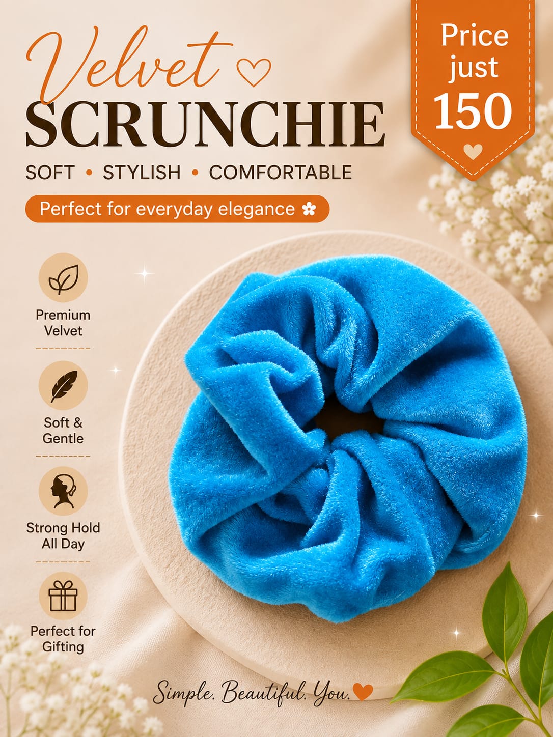 Soft Premium Plush Electric Blue Velvet Scrunchie – Elastic Hair Tie