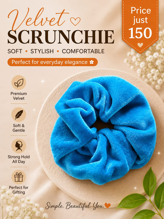Soft Premium Plush Electric Blue Velvet Scrunchie – Elastic Hair Tie