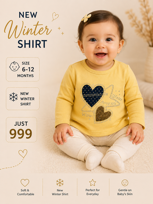 Baby Girls Yellow Winter Shirt with Heart Print | Full Sleeve Baby Top