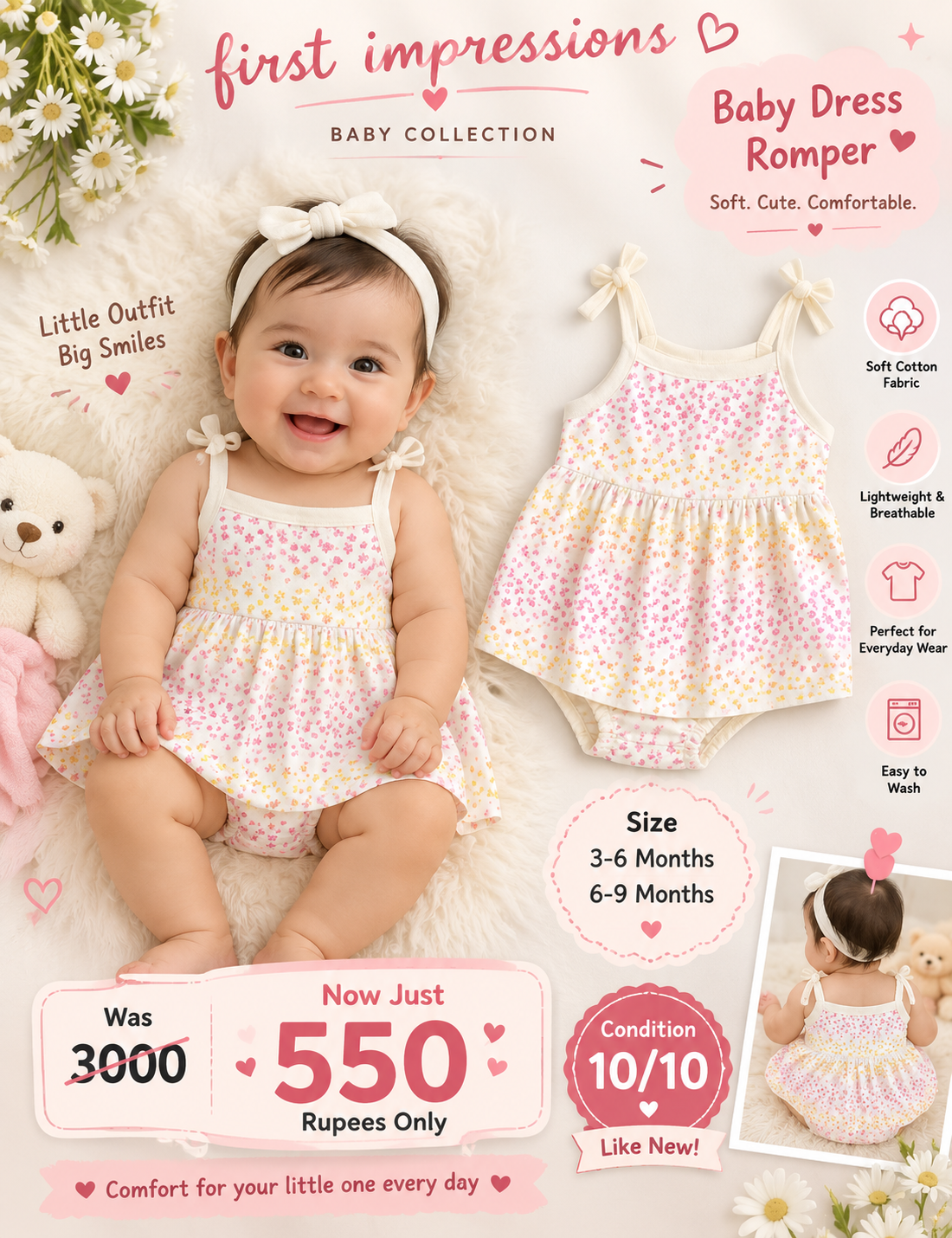 Baby Girls Sleeveless Floral Dress Romper – Summer Cotton Dress Bodysuit