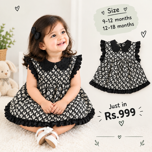 Black Printed Frock for Baby Girls | Cute Ruffle Collar Dress