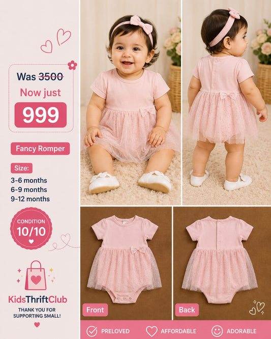 Cute Baby Pink Glitter Tulle Party Dress Romper with Bow Accent