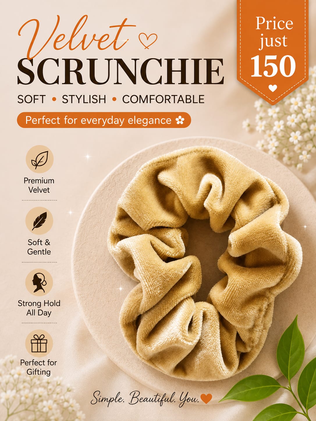 Soft Premium Plush Golden Mustard Velvet Scrunchie – Elastic Hair Tie