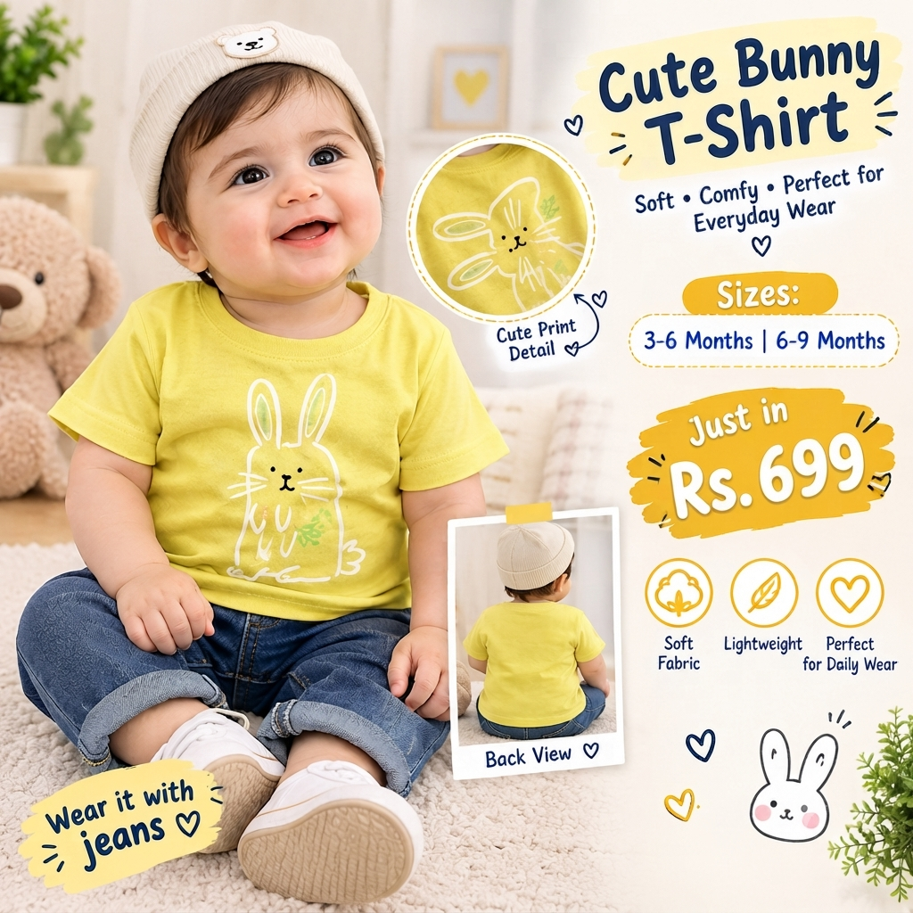 Yellow Cute Bunny Graphic T-Shirt for Babies