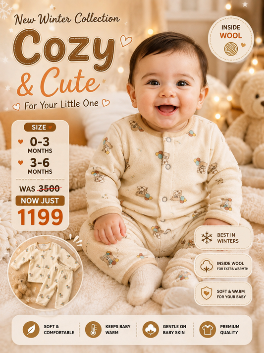 Cream Teddy Bear Printed Fleece Thermal Pajama Set for Babies