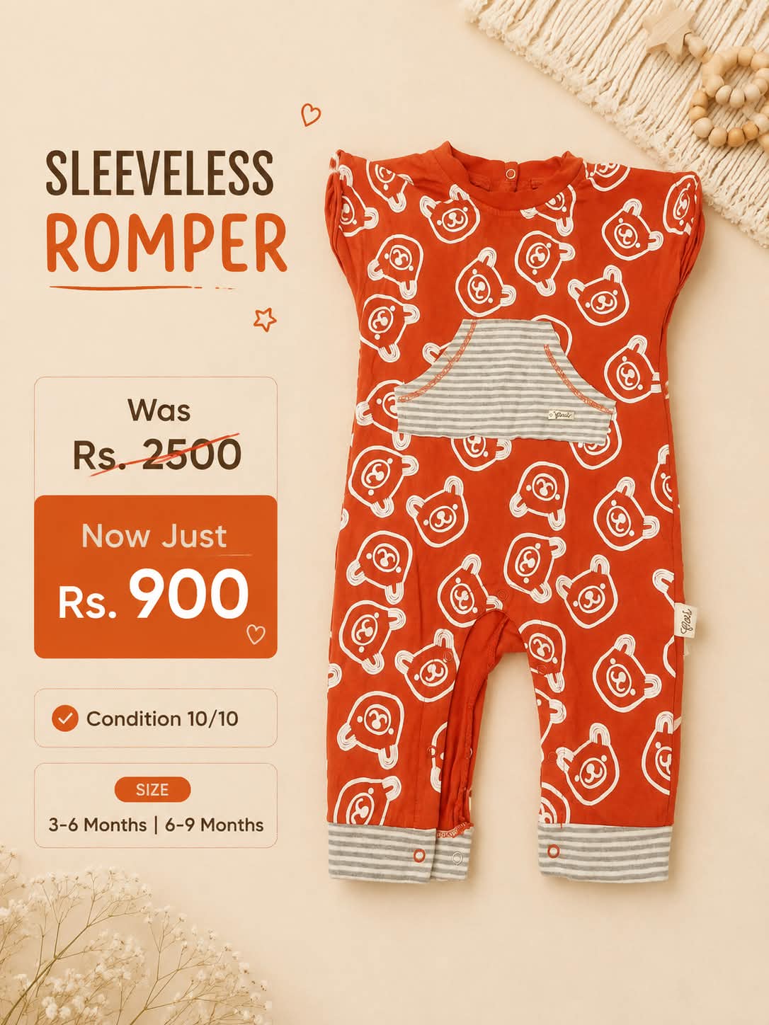 Rust Orange Teddy Bear Sleeveless Romper for Babies