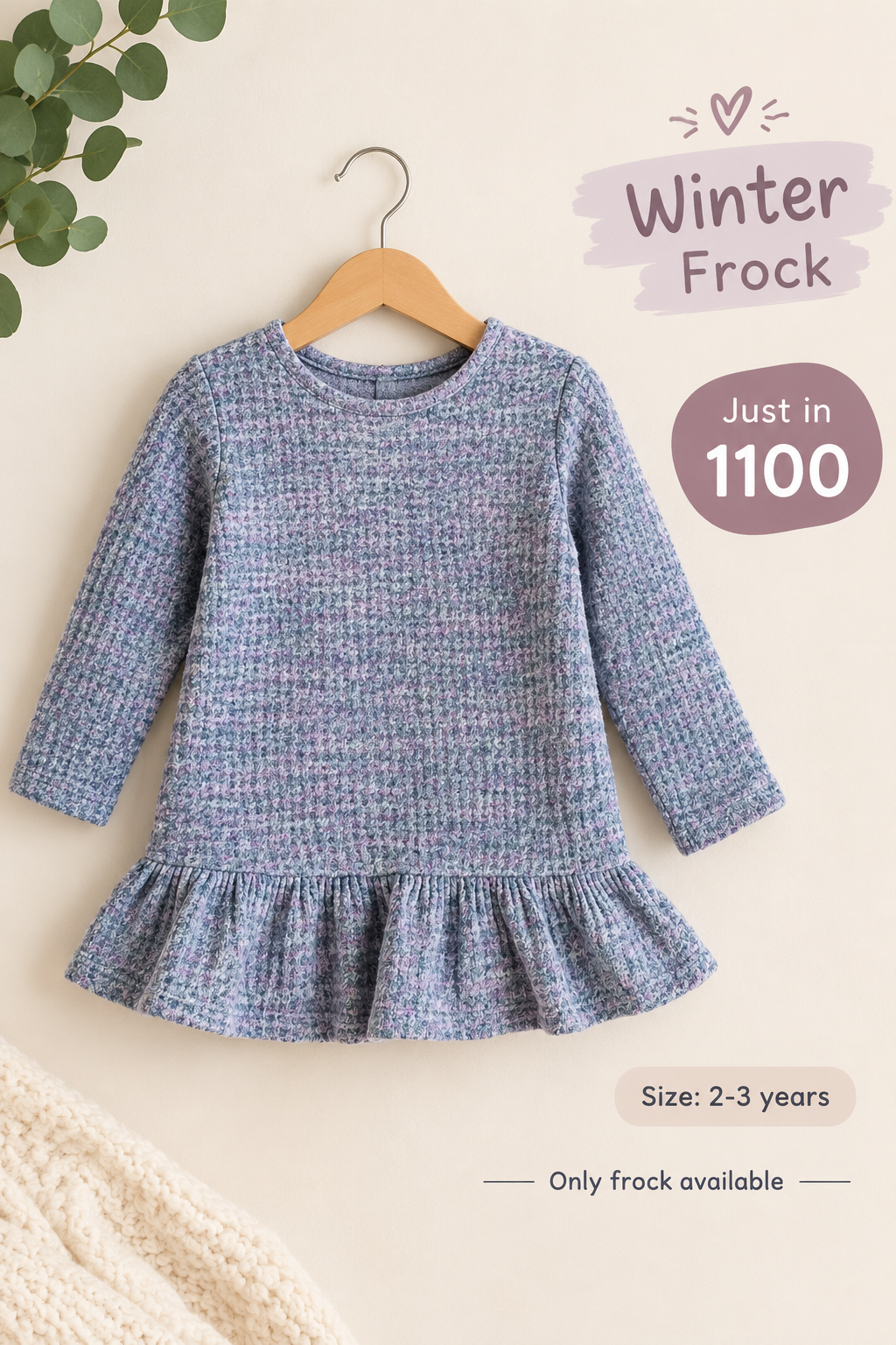 Blue Tweed Textured Winter Frock for Girls
