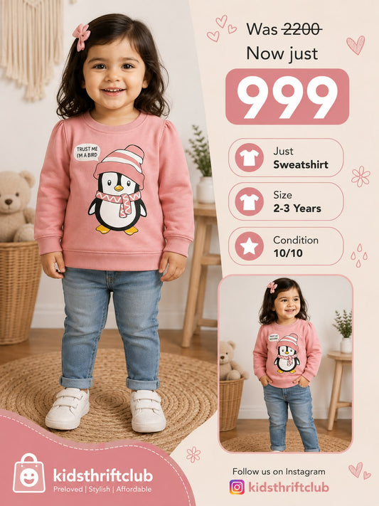 Girls Pink Penguin Printed Sweatshirt – Cute Winter Kids Sweatshirt
