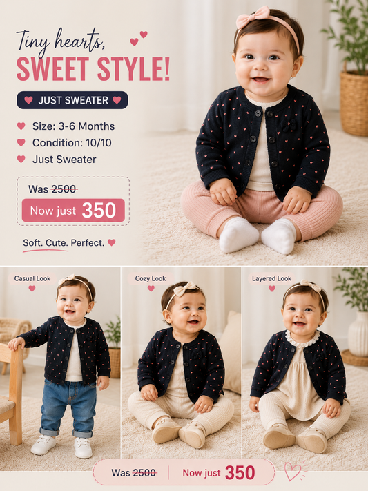 Baby Girls Navy Blue Heart Print Button-Front Sweater Cardigan