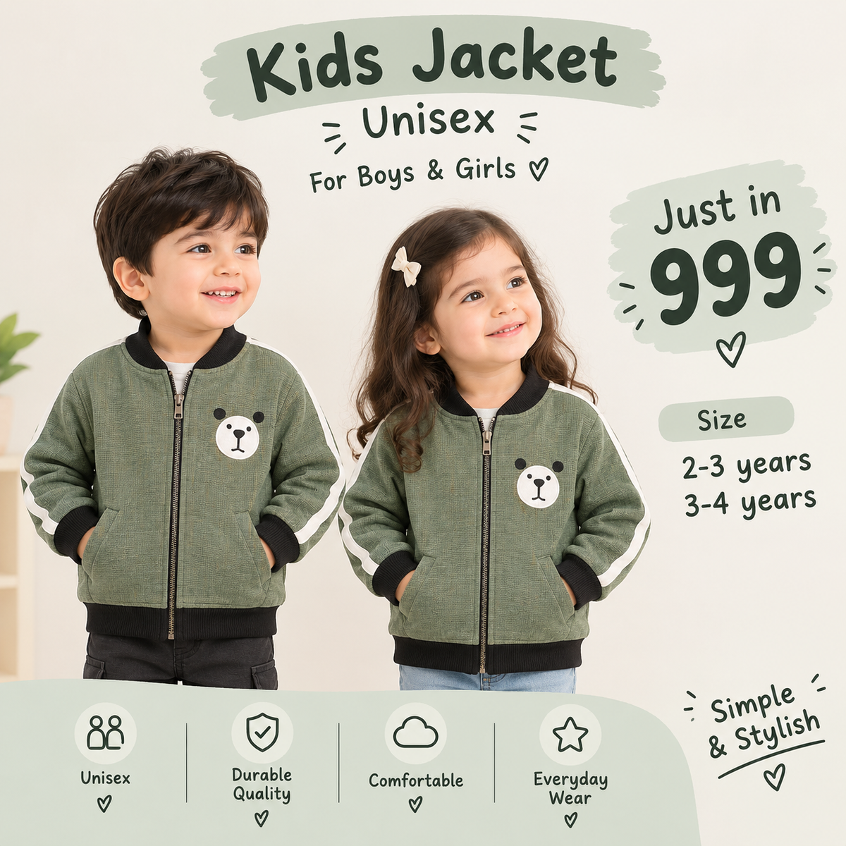 Kids Unisex Green Bear Design Bomber Jacket for Boys & Girls