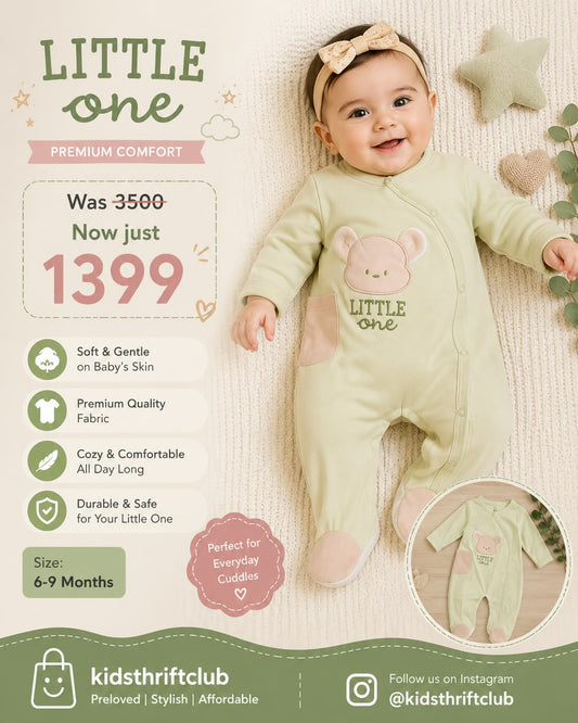 Pastel Sage Green Long Sleeve Footed Baby Onesie with Bear Patch
