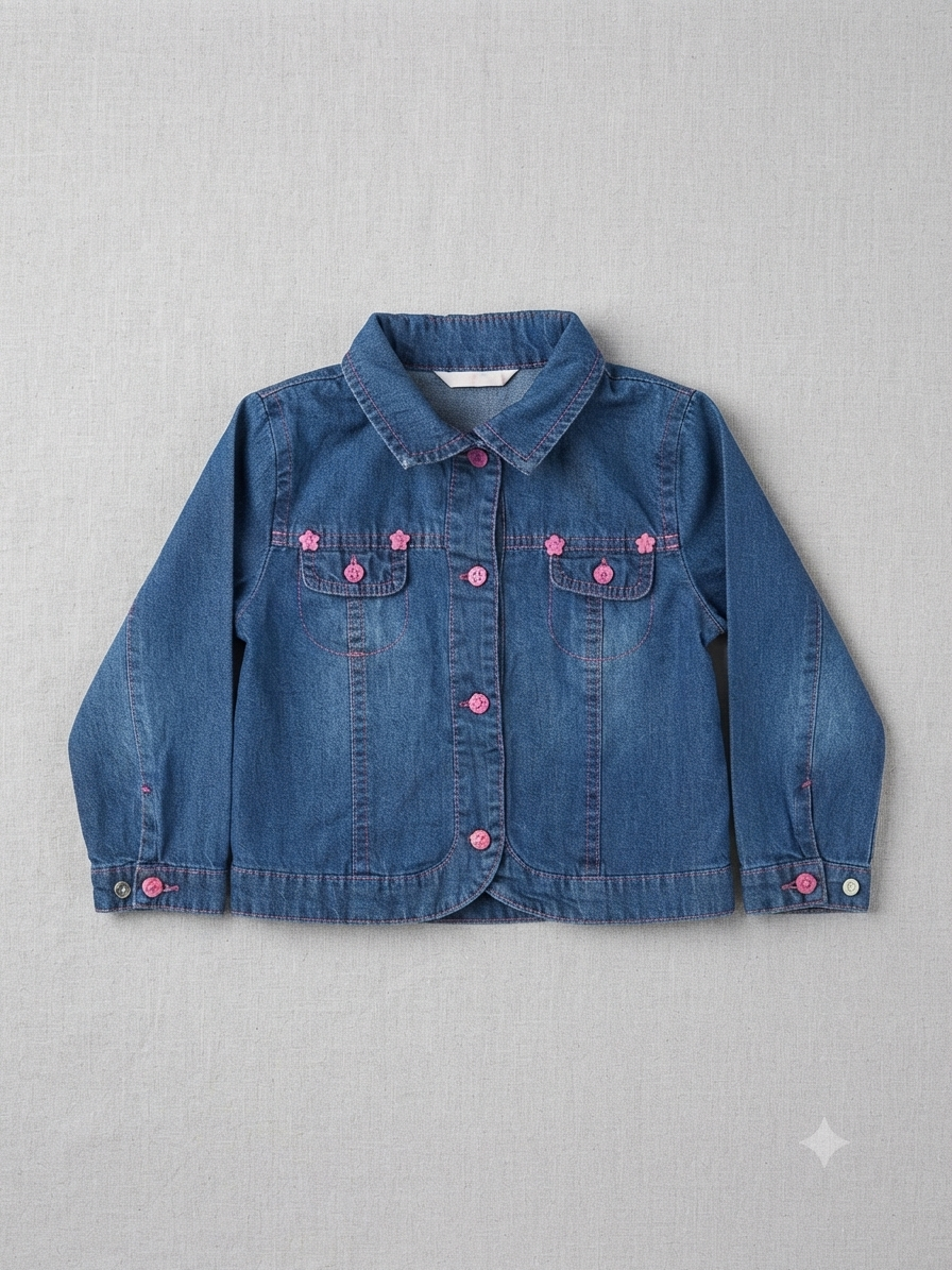 Denim Shirt for Baby Girls | Cute Blue Denim Top with Flower Buttons