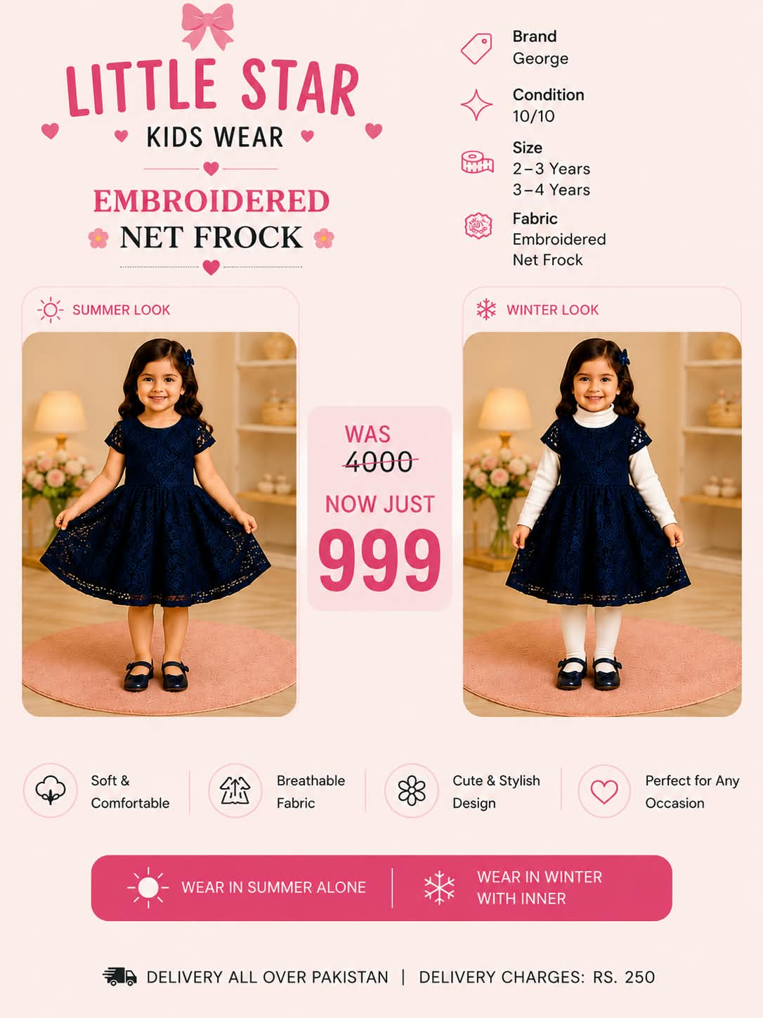 George Girls Navy Blue Net Frock – 2-in-1 All Season Party Dress
