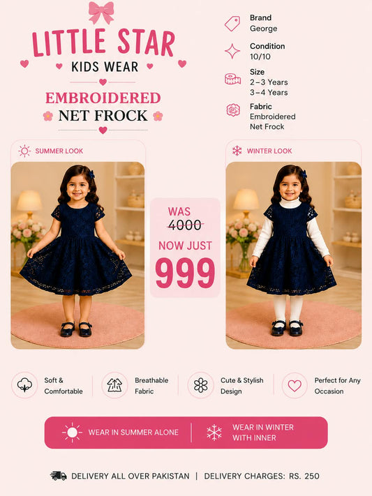 George Girls Navy Blue Net Frock – 2-in-1 All Season Party Dress