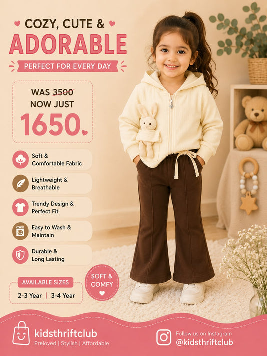 Cozy & Cute Cream Hooded Jacket with Bunny Pocket & Brown Trousers Set