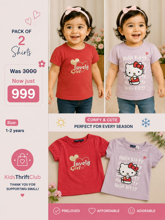Pack of 2 Baby Girl Printed T-Shirts – Hello Kitty & Red Glitter Heart Shirts