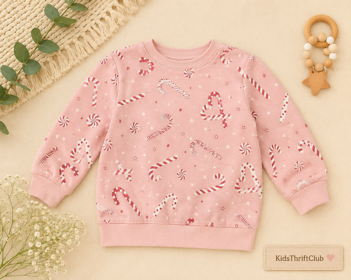 Pink Candy Cane & Heart Print Sweatshirt for Girls - Monsoon Wear