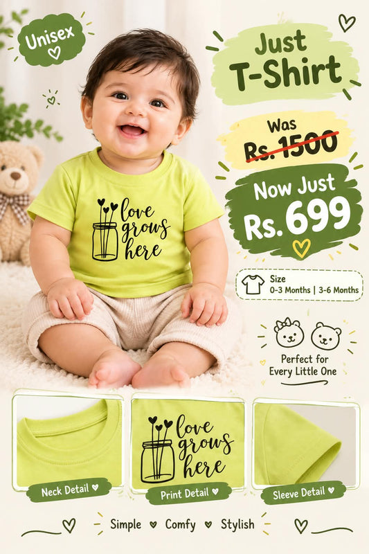 Unisex "Love Grows Here" Light Green Graphic T-Shirt for Babies