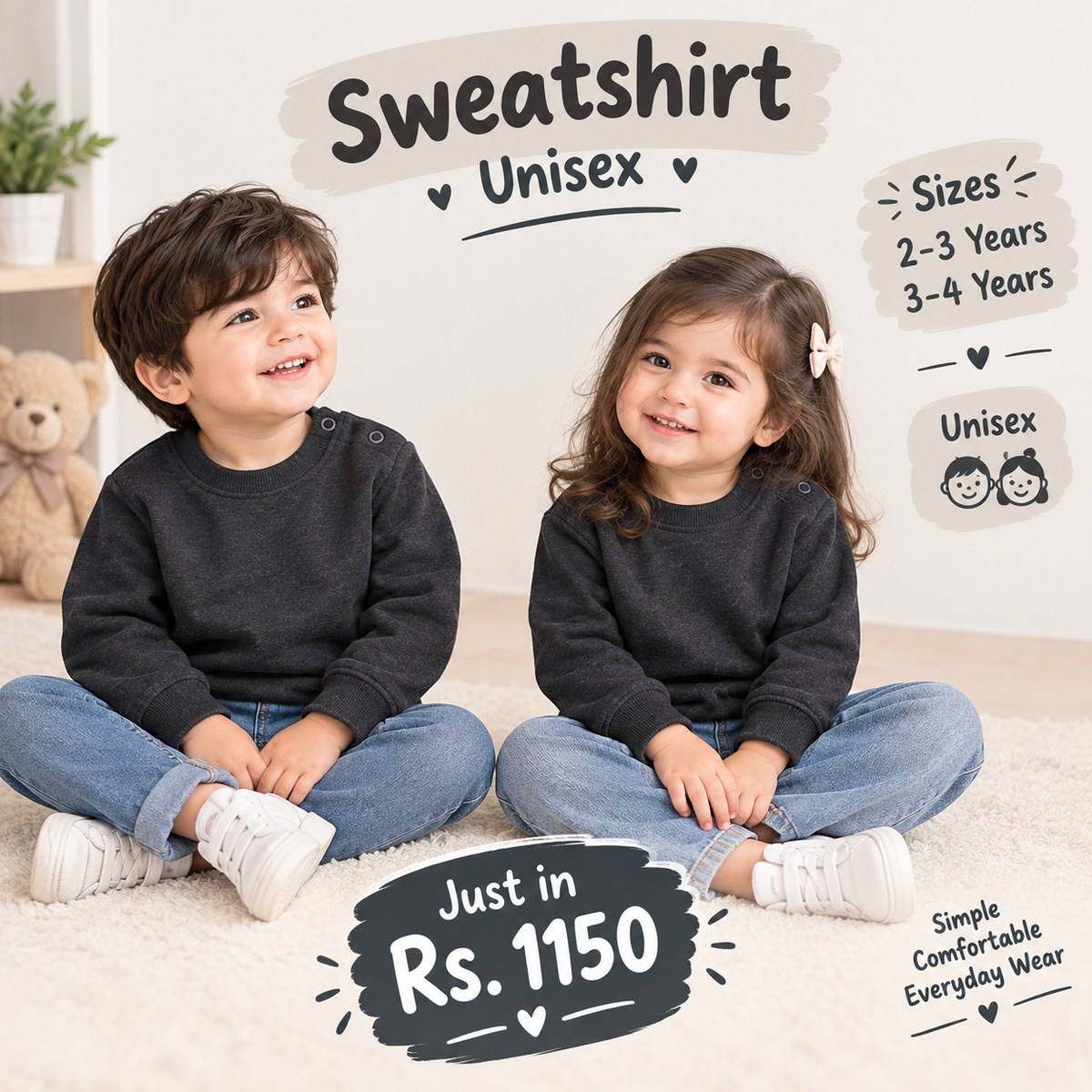 Plain Dark Gray Winter Sweatshirt for Kids | Cozy Unisex Pullover