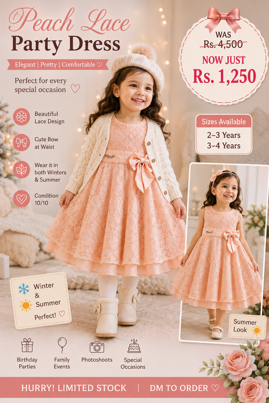 Girls Peach Lace Party Dress with Bow – Elegant Occasion Dress