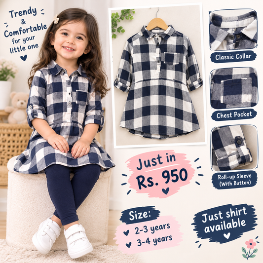 Blue and White Checked Button-Down Shirt for Girls