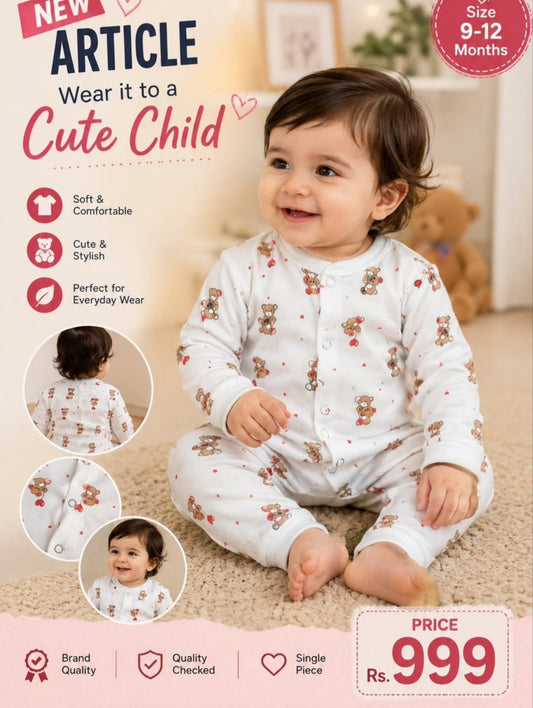 Baby Teddy Bear Cotton Sleepsuit | Unisex Full Sleeve Romper
