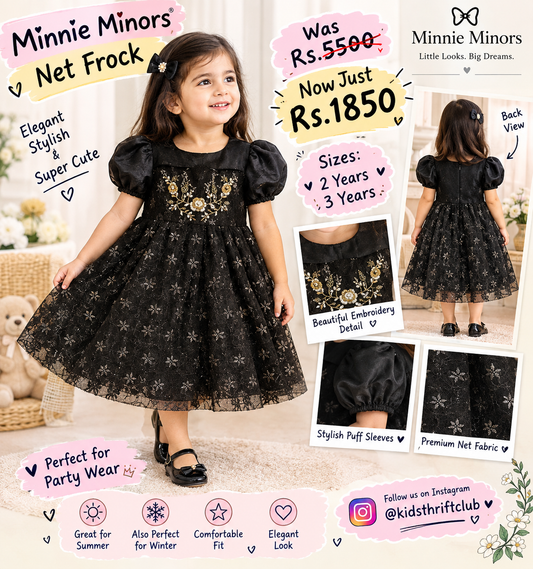 Minnie Minors Black Embroidered Net Frock for Girls | Elegant Party Wear Dress