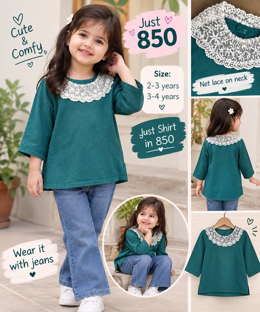 Girls Teal Lace Collar Top – Full Sleeve Kids Shirt